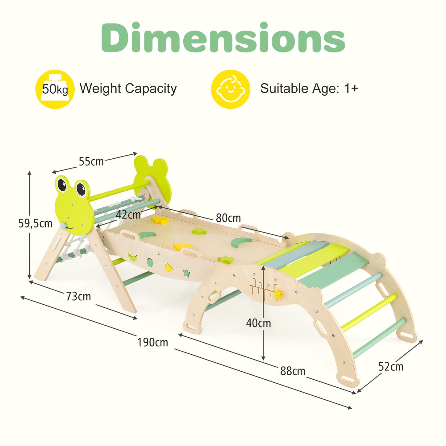 8-in-1 Toddler Wooden Triangle Set with Arch Climber and Foldable Rope Triangle-Green