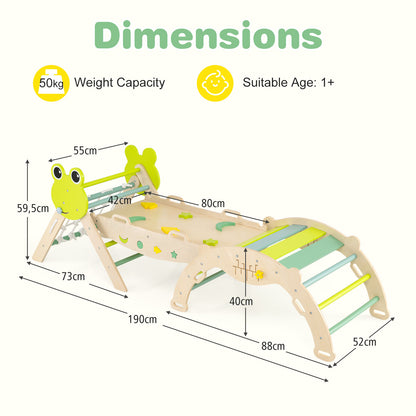 8-in-1 Toddler Wooden Triangle Set with Arch Climber and Foldable Rope Triangle-Green