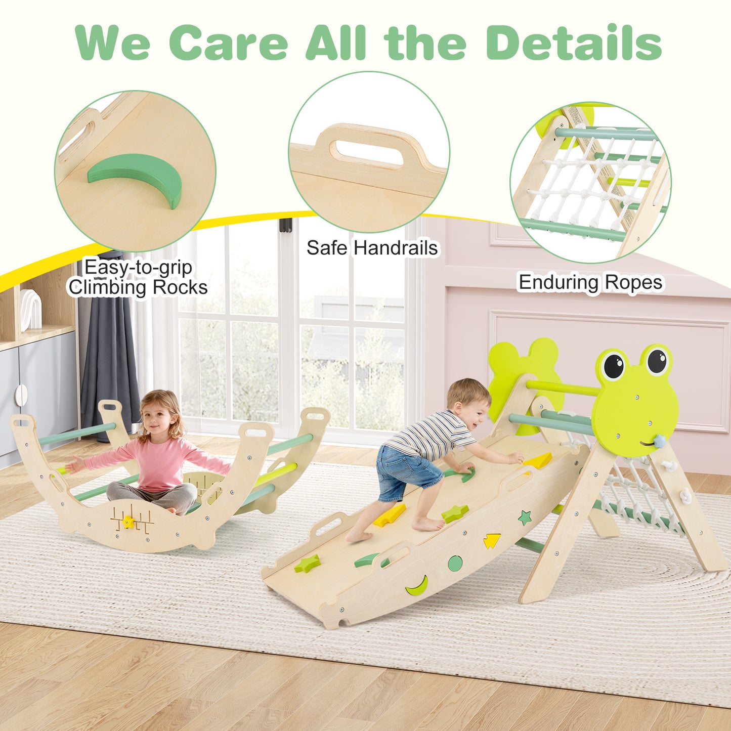 8-in-1 Toddler Wooden Triangle Set with Arch Climber and Foldable Rope Triangle-Green