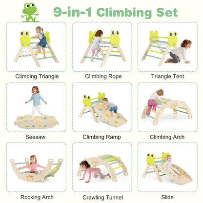 8-in-1 Toddler Wooden Triangle Set with Arch Climber and Foldable Rope Triangle-Green