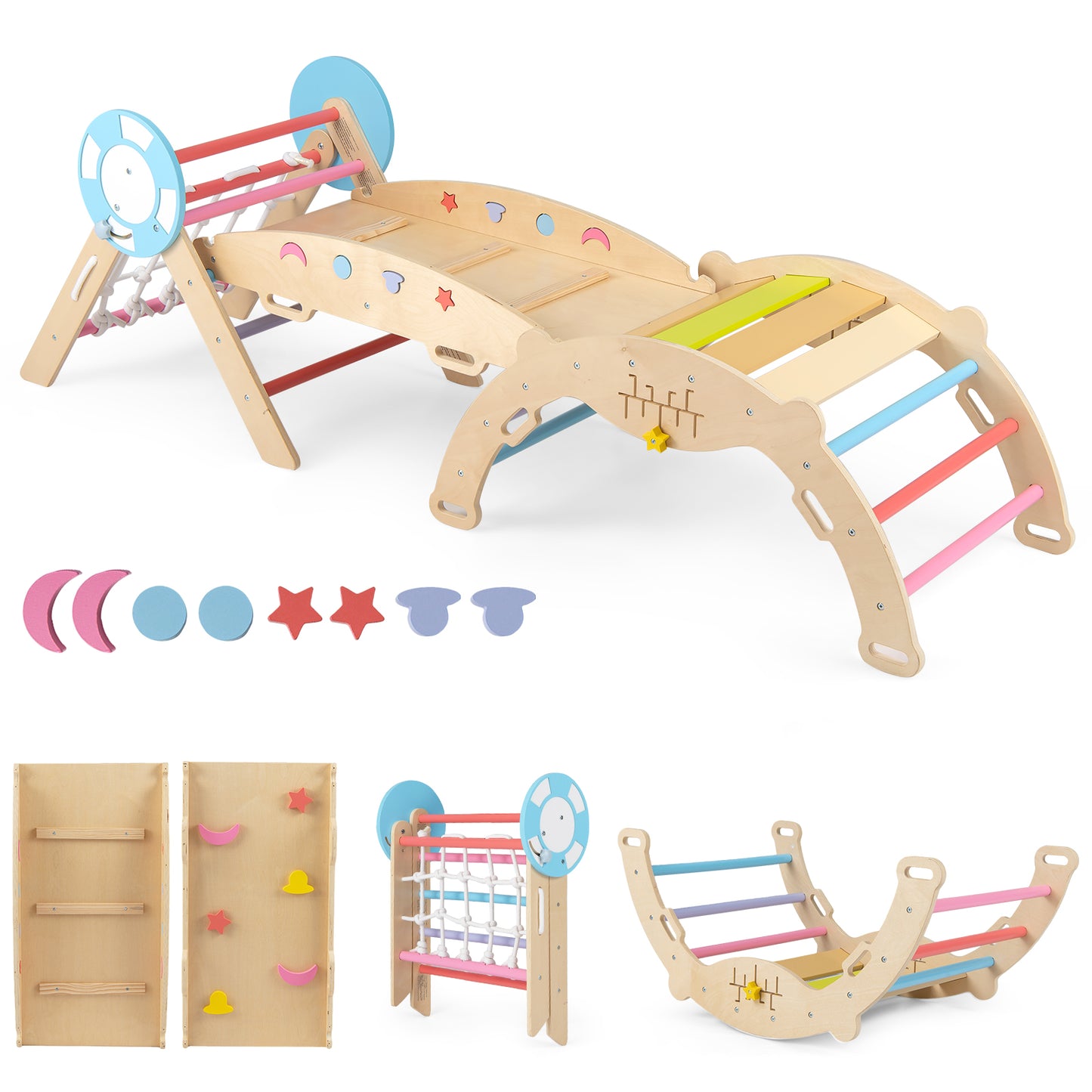 8-in-1 Wooden Triangle Set Foldable Montessori Climbing Toys-Macaron