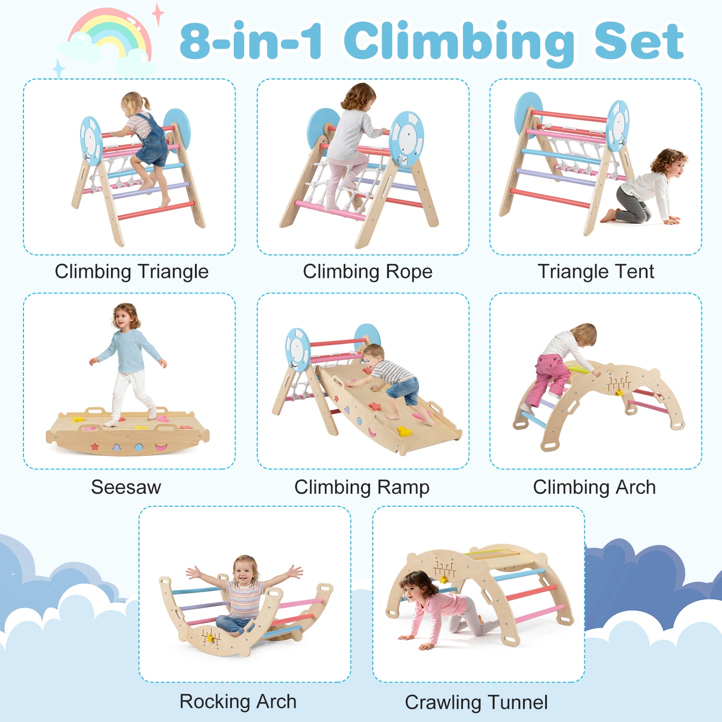 8-in-1 Wooden Triangle Set Foldable Montessori Climbing Toys-Macaron