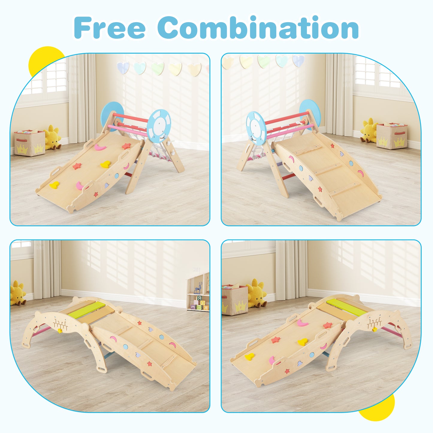 8-in-1 Wooden Triangle Set Foldable Montessori Climbing Toys-Macaron