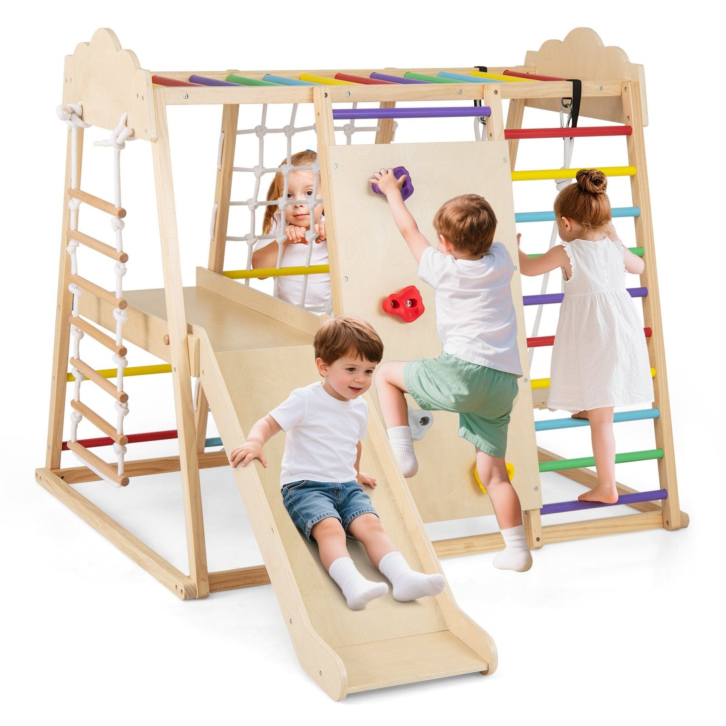 8-in-1 Indoor Jungle Gym for Kids Wooden Montessori Climbing Toys-Colourful
