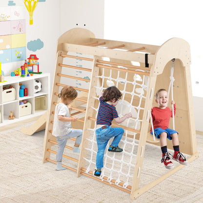 8-in-1 Indoor Jungle Gym Wooden Playground with Climbing Wall-Natural