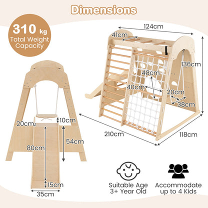 8-in-1 Indoor Jungle Gym Wooden Playground with Climbing Wall-Natural
