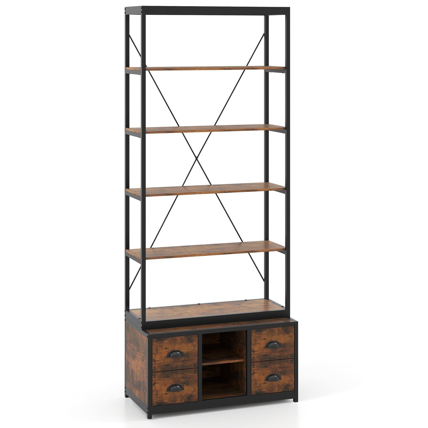 8-tier Bookshelf with 4 Fabric Drawers  and Heavy-duty Metal Frame-Coffee