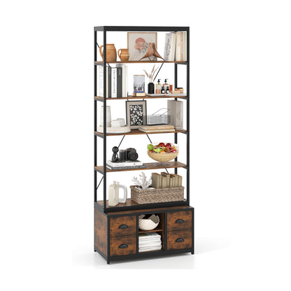 8-tier Bookshelf with 4 Fabric Drawers  and Heavy-duty Metal Frame-Coffee