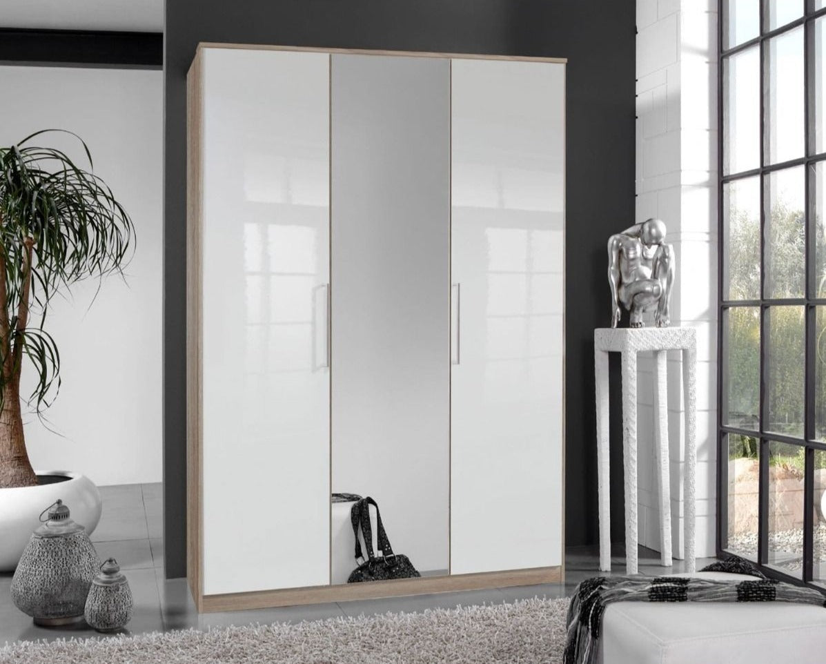 Daniel 3 Door Wardrobe with Single Mirror - White Gloss And Oak Effect