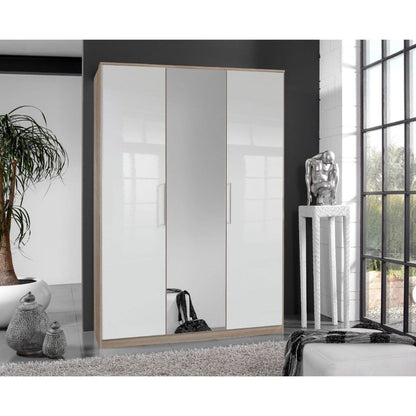 Daniel 3 Door Wardrobe with Single Mirror - White Gloss And Oak Effect