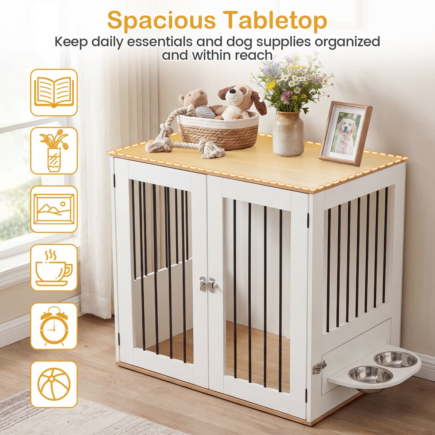 80 cm Indoor Wooden Dog Kennel with Double Lock Doors and 360° Rotating Feeder-White