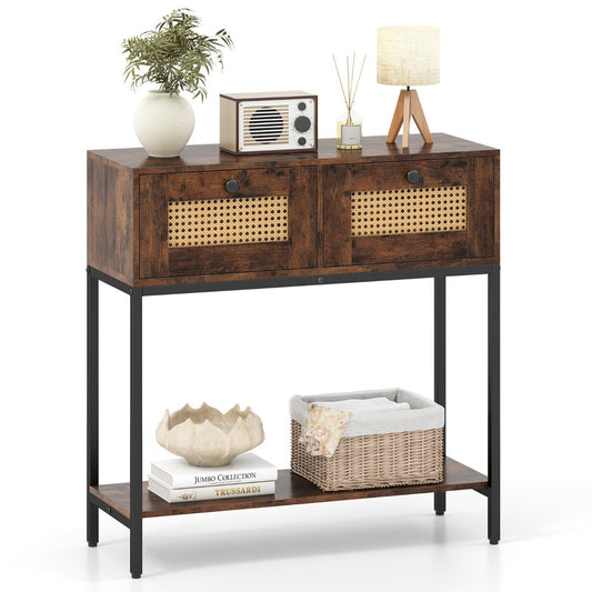 80 CM Boho Console Table with 2 Drawers and Bottom Shelf-Rustic Brown