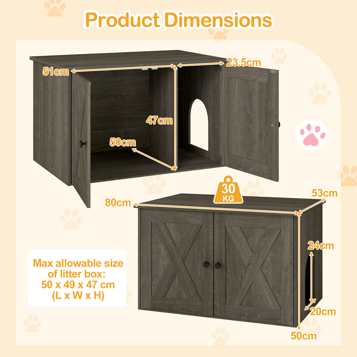80 x 53 x 50 cm Indoor Wooden Cat House with Double Doors-Oak