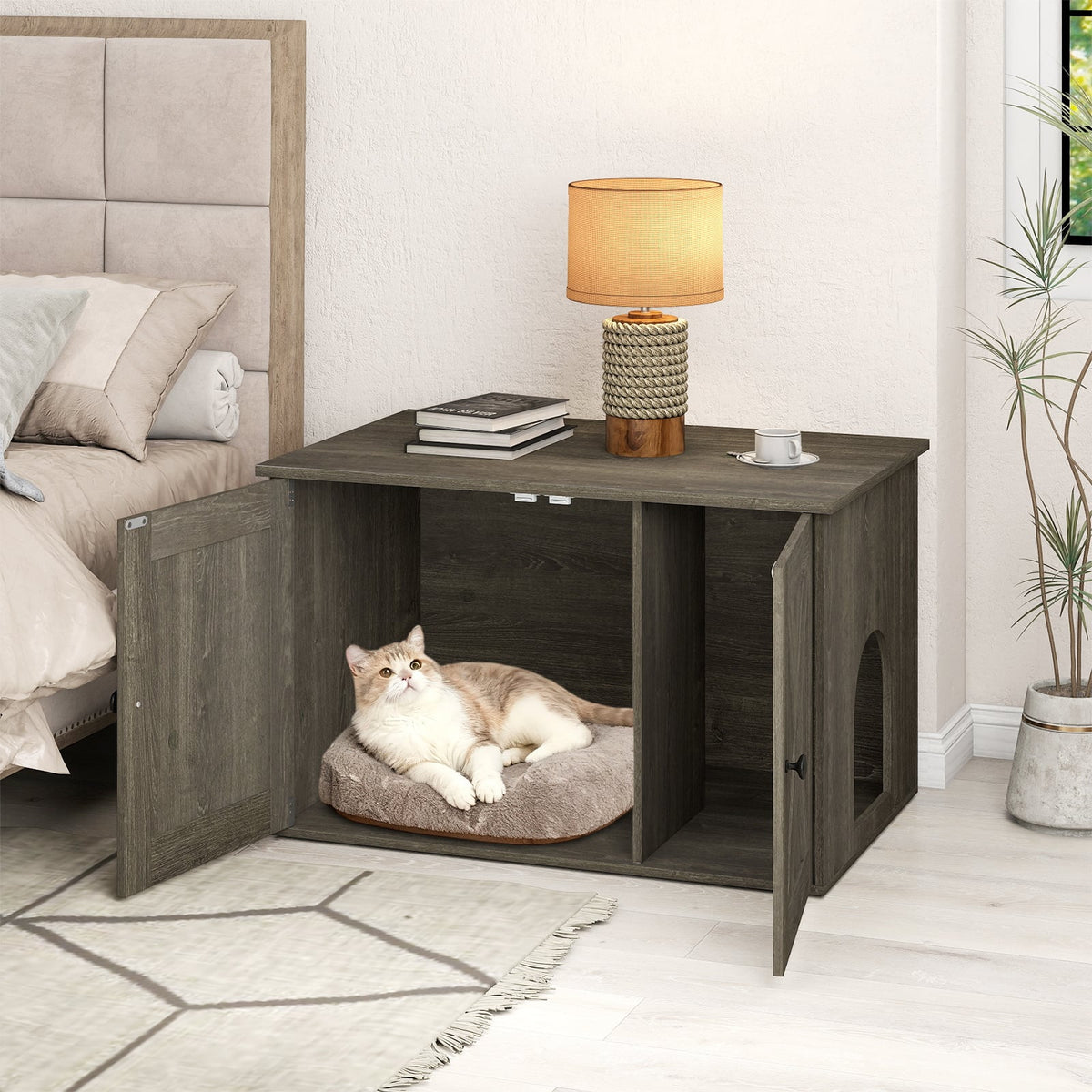 80 x 53 x 50 cm Indoor Wooden Cat House with Double Doors-Oak