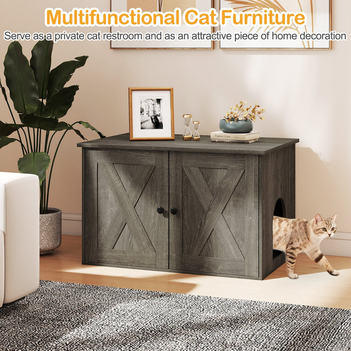 80 x 53 x 50 cm Indoor Wooden Cat House with Double Doors-Oak