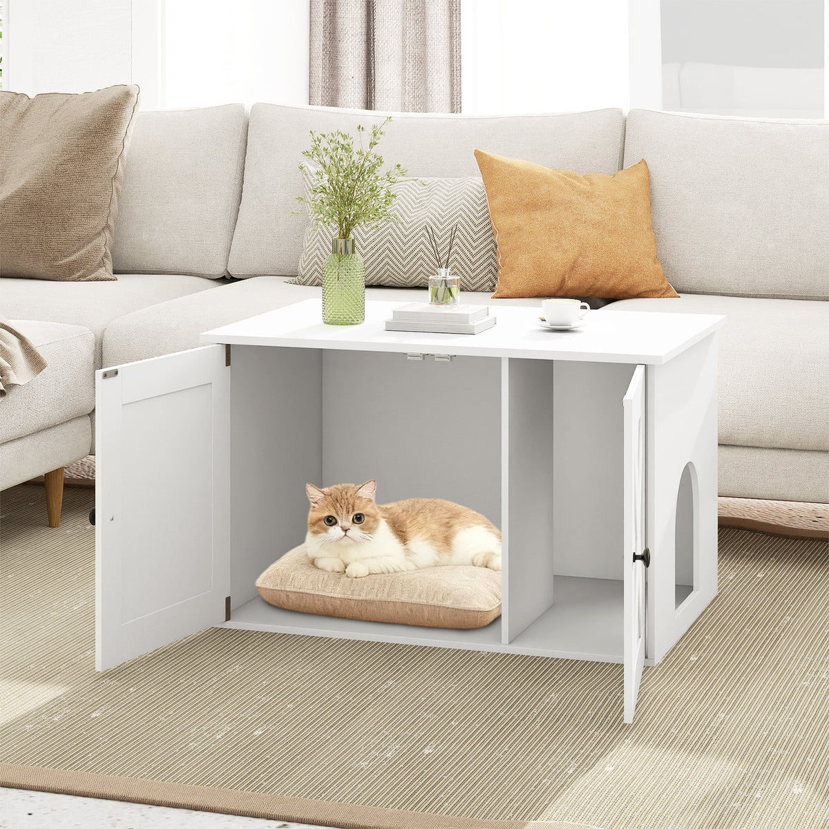 80 x 53 x 50 cm Indoor Wooden Cat House with Double Doors-White