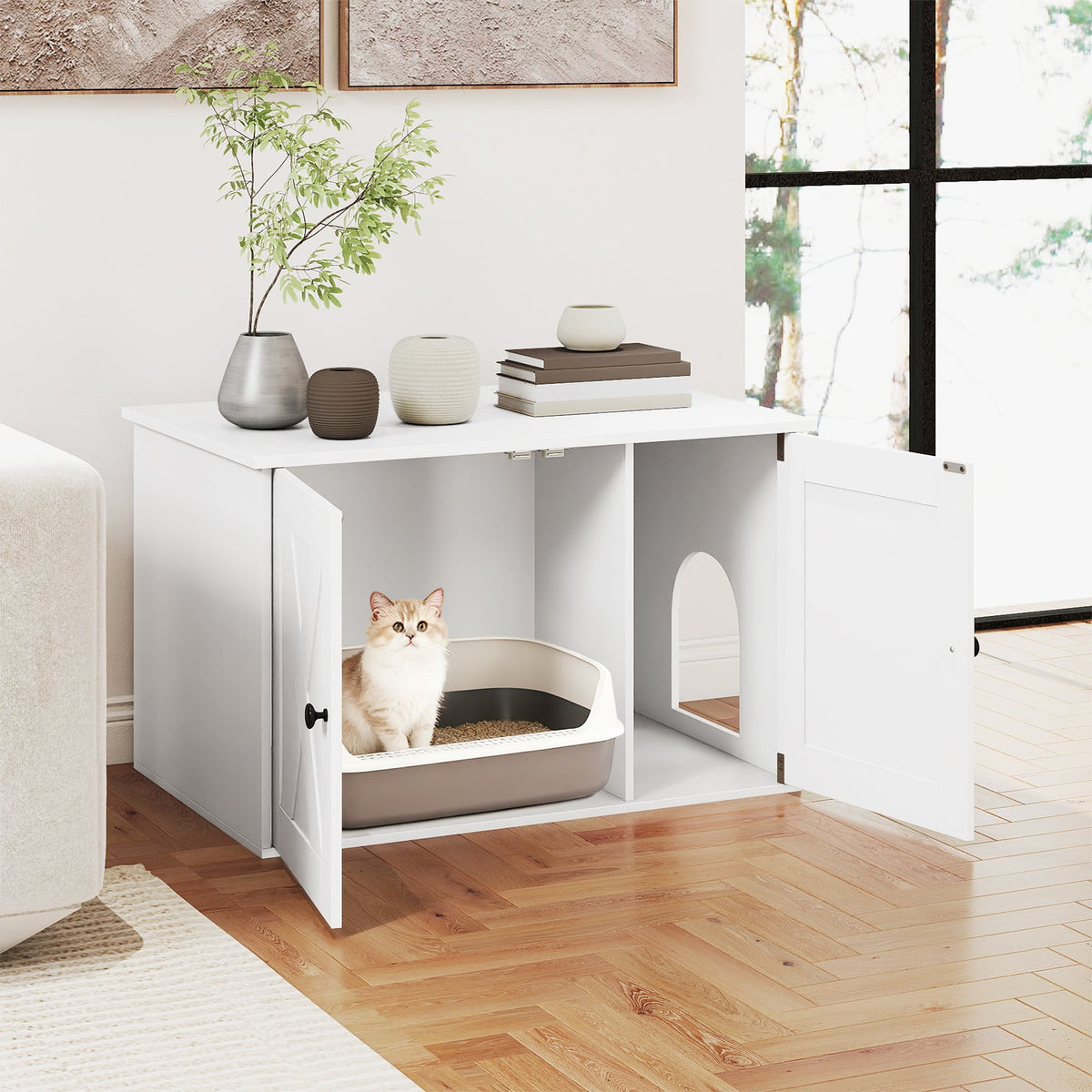 80 x 53 x 50 cm Indoor Wooden Cat House with Double Doors-White