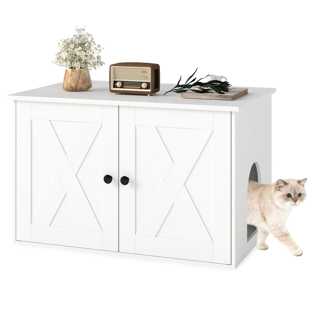 80 x 53 x 50 cm Indoor Wooden Cat House with Double Doors-White