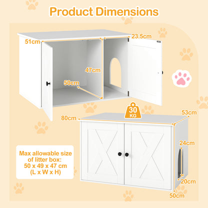80 x 53 x 50 cm Indoor Wooden Cat House with Double Doors-White
