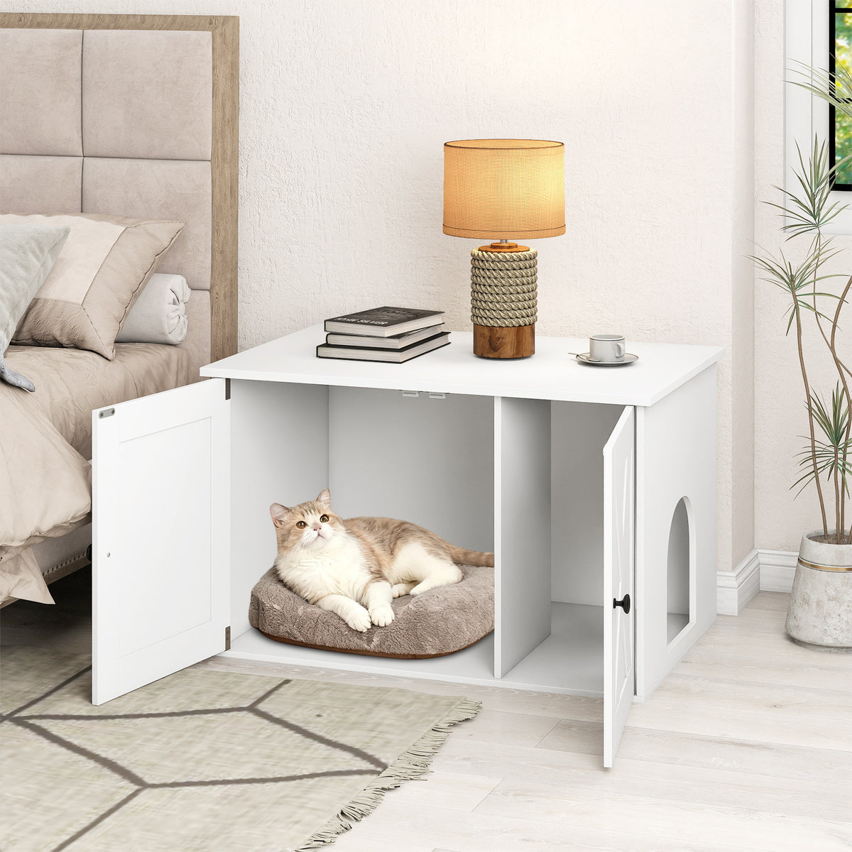80 x 53 x 50 cm Indoor Wooden Cat House with Double Doors-White