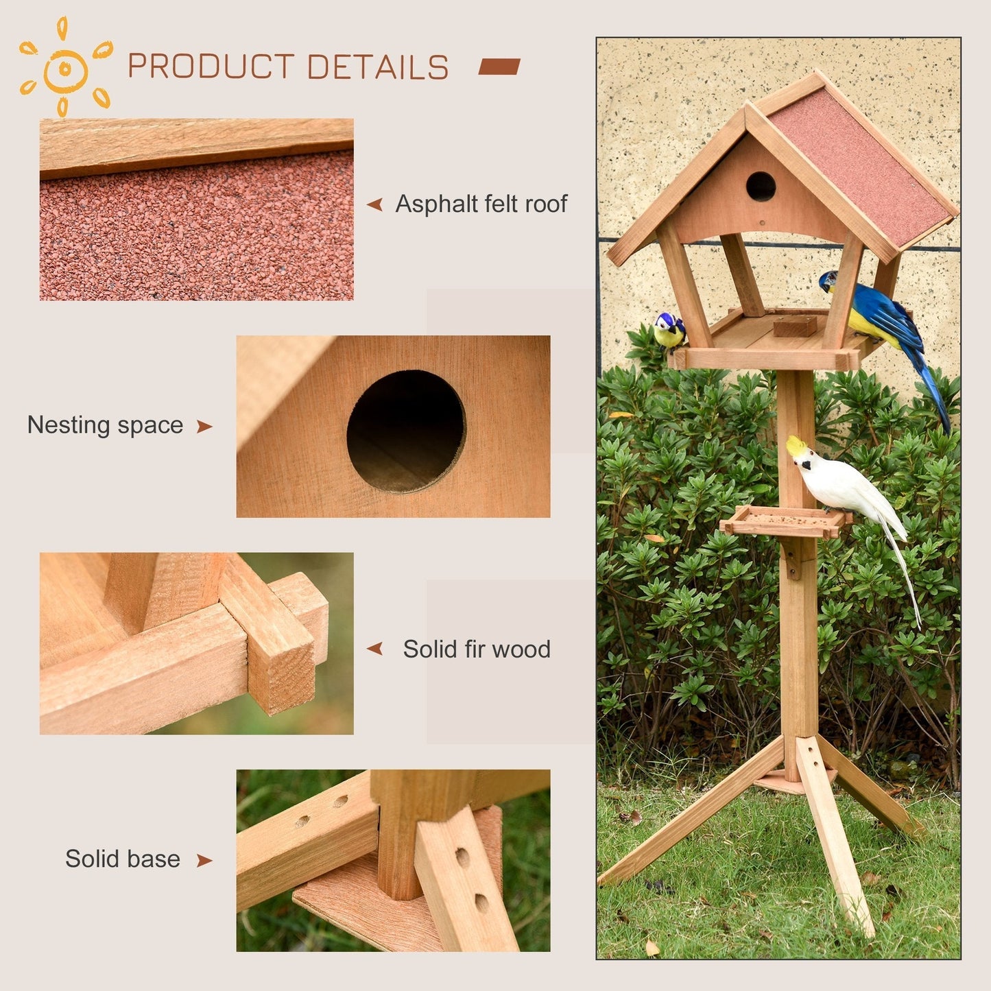 PawHut Wooden Bird Feeder Stand for Garden Pre-cut Weather Resistant 49 x 45 x 139cm