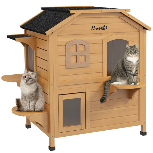 PawHut 2-story Cat House Outdoor, Weatherproof Wooden Cat Enclosure for Feral Cats with Escape Door, Openable Roof, Jumping Platforms, Natural Wood Finish