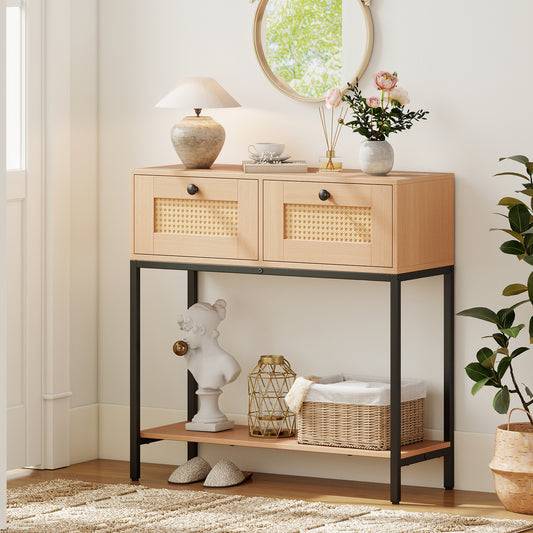 80 CM Boho Console Table with 2 Drawers and Bottom Shelf-Natural
