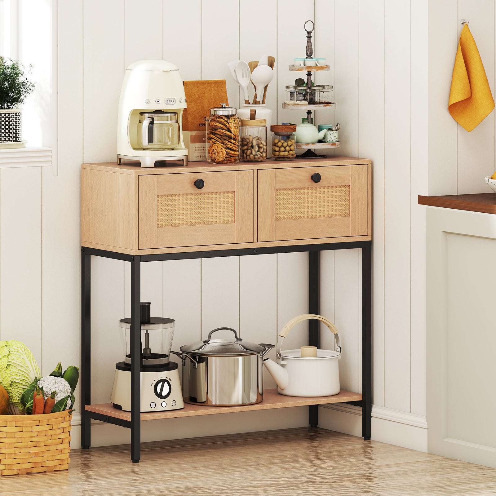 80 CM Boho Console Table with 2 Drawers and Bottom Shelf-Natural