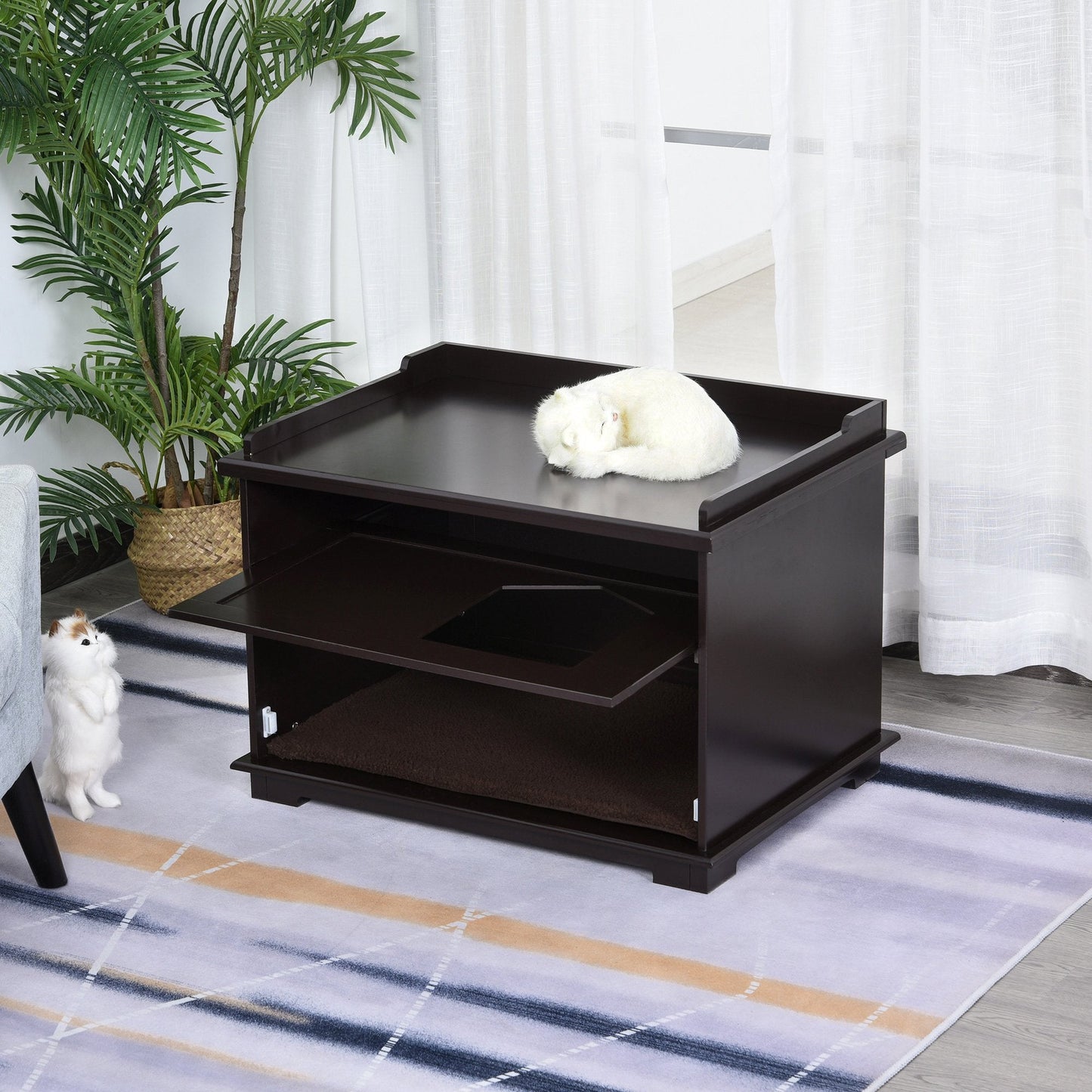 PawHut Wooden Cat Litter Box Covered Mess Free End Table Hideaway Cabinet