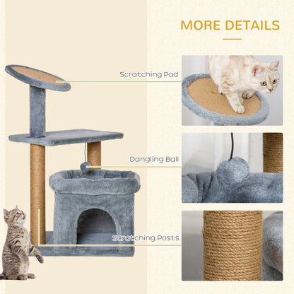 PawHut Cat Tree Tower w/ Scratching Posts Pad Condo Perch Bed Ball Kitten Toy Grey