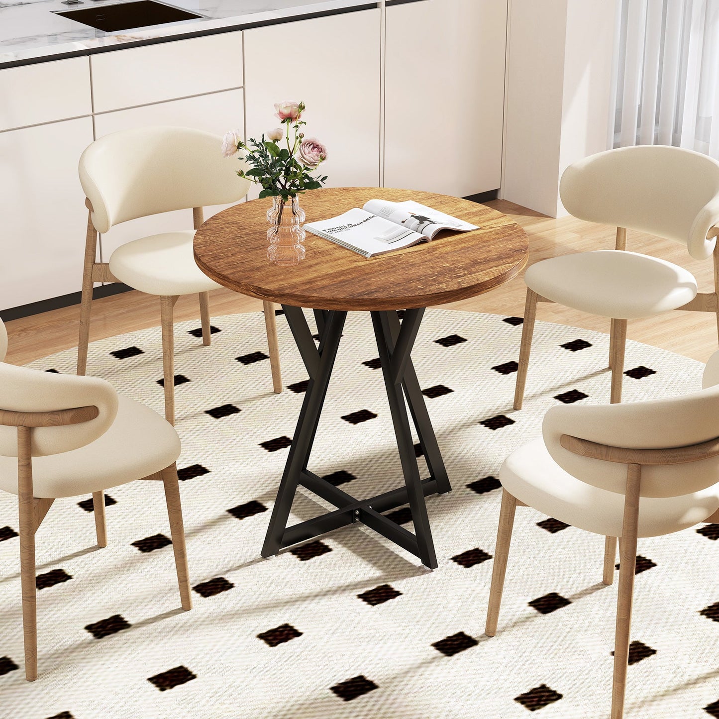 80cm Round Dining Table with Metal Pedestal Base and Adjustable Foot Pads-Rustic Brown