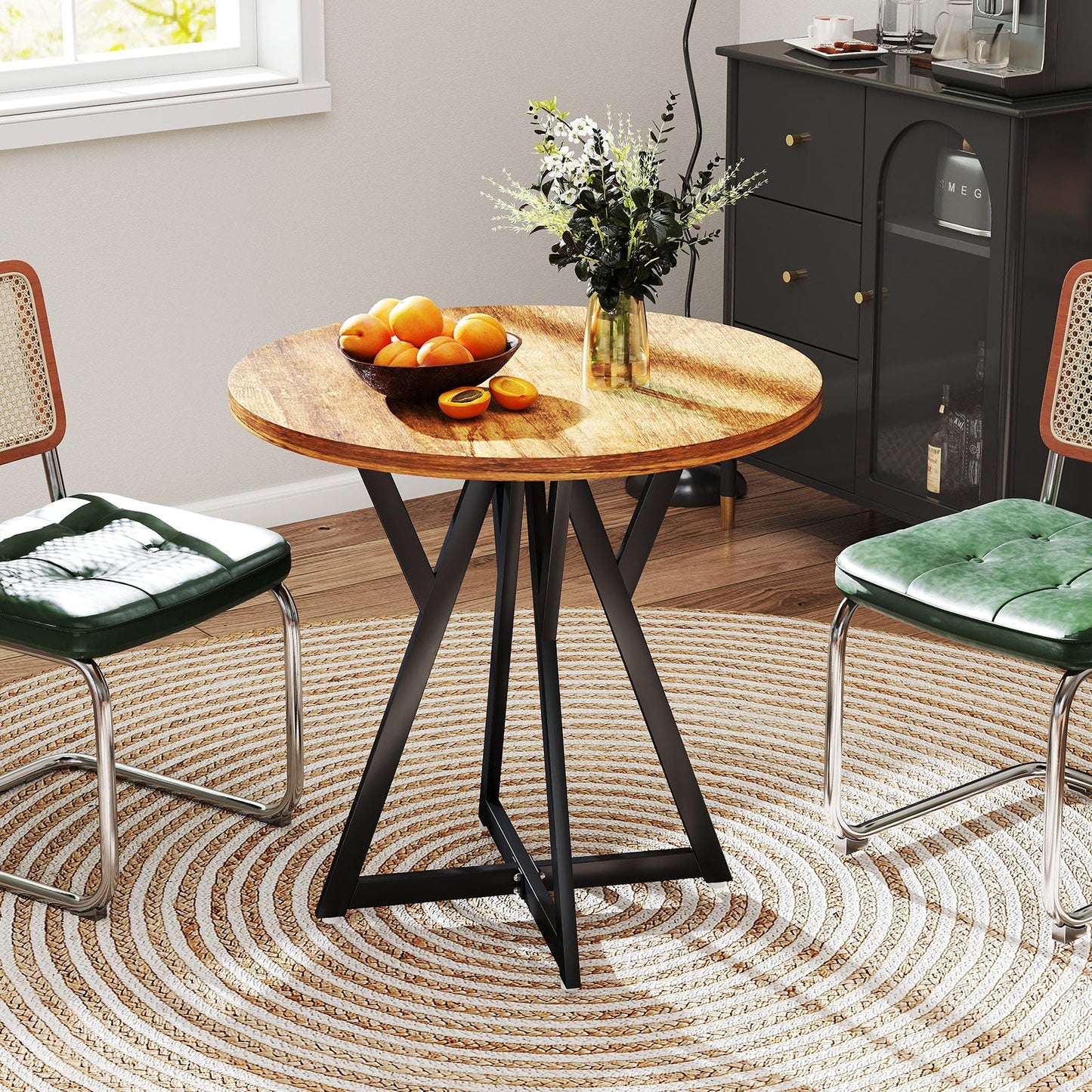 80cm Round Dining Table with Metal Pedestal Base and Adjustable Foot Pads-Rustic Brown