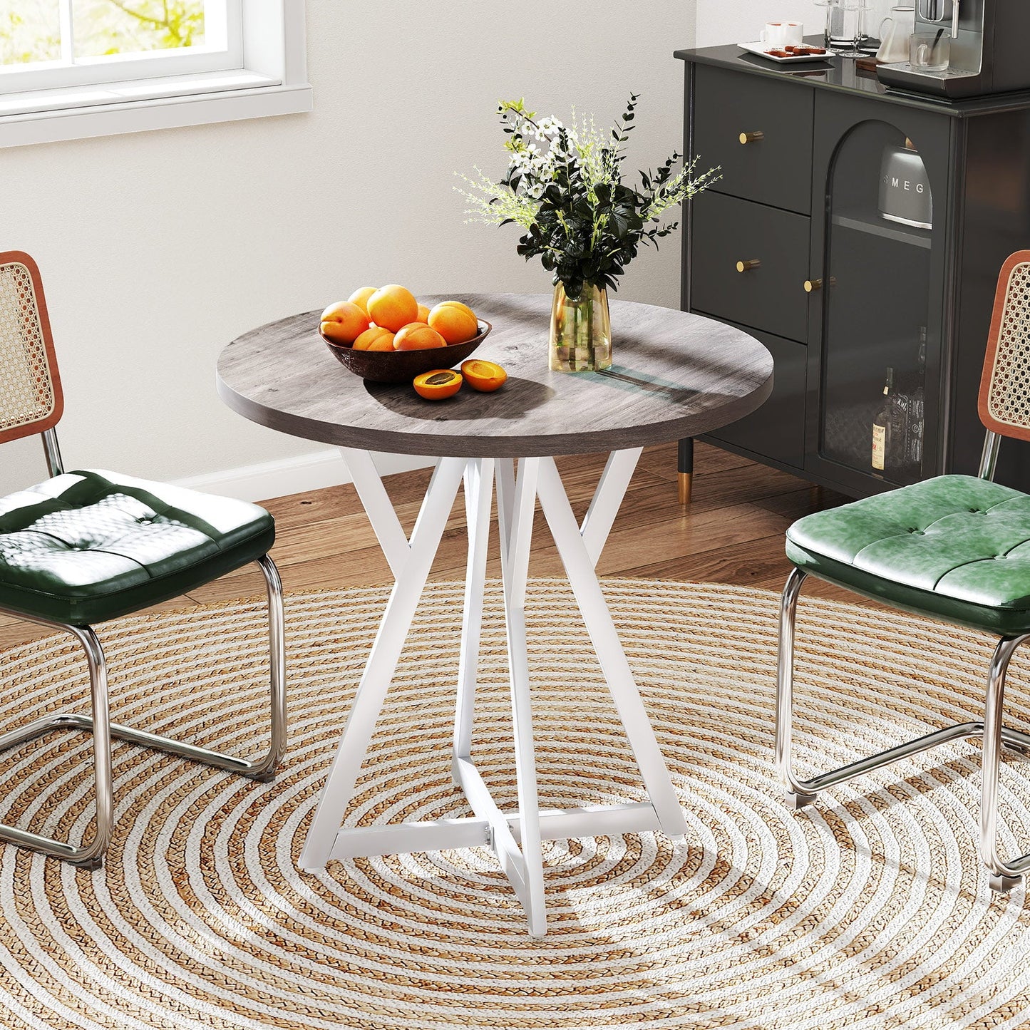 80cm Round Dining Table with Metal Pedestal Base and Adjustable Foot Pads-Natural