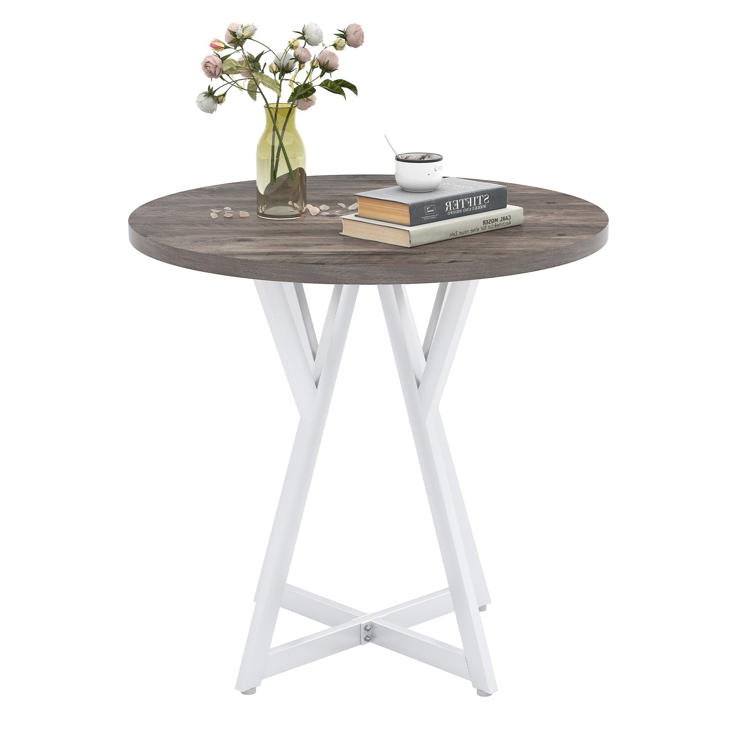 80cm Round Dining Table with Metal Pedestal Base and Adjustable Foot Pads-Natural