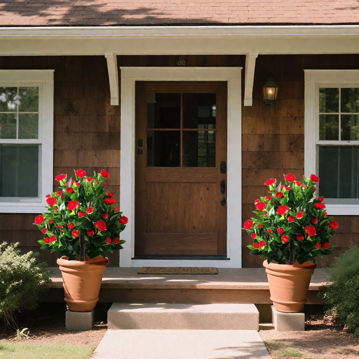 80cm Artificial Camellia Tree Set of 2 with Ground Spikes-Green-Set of 2