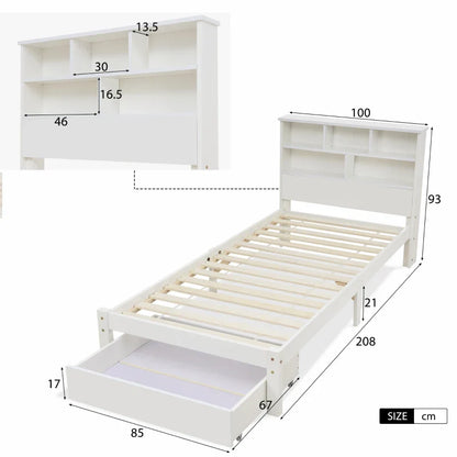 Single Wooden Storage Bed with Built-in Shelves and Underbed Drawer, PiBritish Style Waveood and MDF, for Adults, Kids, Teenagers, 208x100x93 cm, White