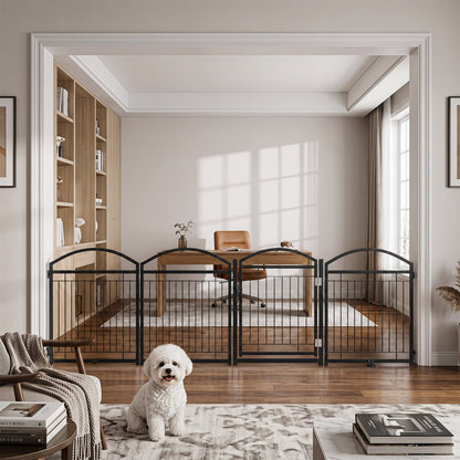 81 cm Foldable Dog Barrier Gate with 4 Panels and Door for Small Dogs Indoor Outdoor-Black