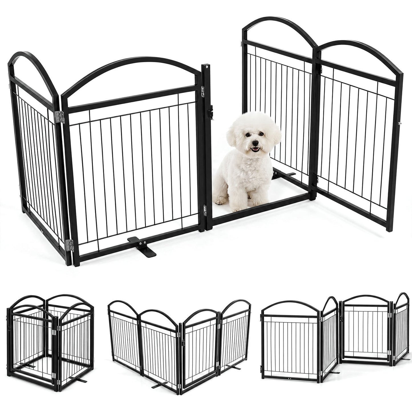 81 cm Foldable Dog Barrier Gate with 4 Panels and Door for Small Dogs Indoor Outdoor-Black