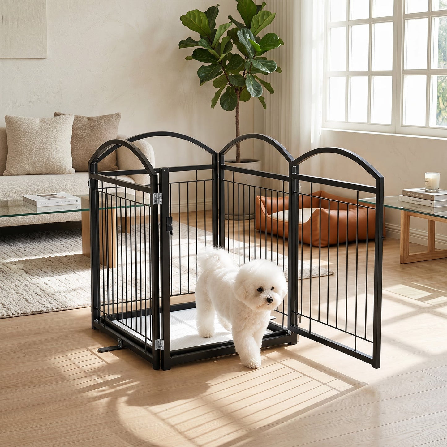 81 cm Foldable Dog Barrier Gate with 4 Panels and Door for Small Dogs Indoor Outdoor-Black
