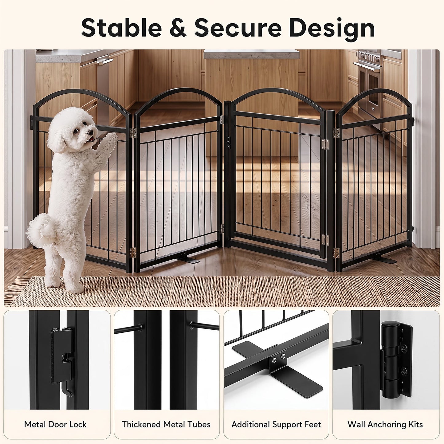 81 cm Foldable Dog Barrier Gate with 4 Panels and Door for Small Dogs Indoor Outdoor-Black