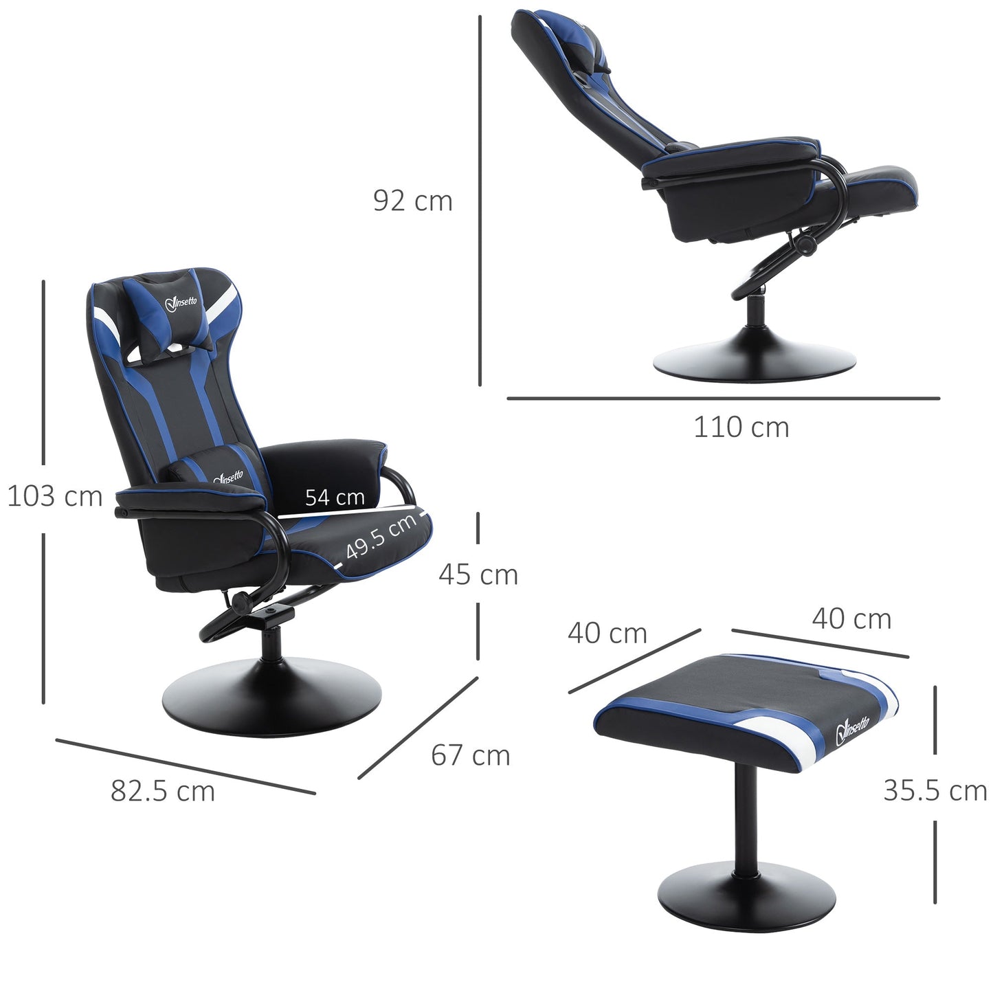 Vinsetto Reclining Chair and Stool Set, Recliner Chair with Headrest, Gaming Chair with Lumbar Support, Pedestal Base for Home Office, Blue