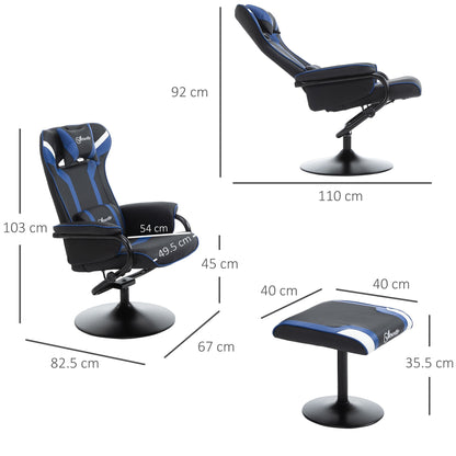 Vinsetto Reclining Chair and Stool Set, Recliner Chair with Headrest, Gaming Chair with Lumbar Support, Pedestal Base for Home Office, Blue