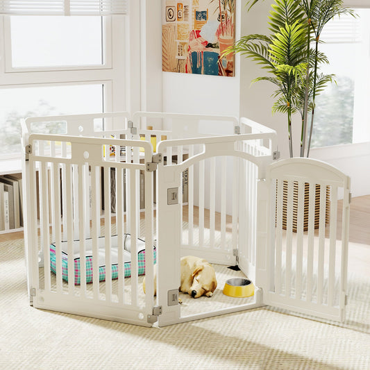 81CM 6-Panel Dog Playpen with Secure Locking Door and Ground Stakes-White