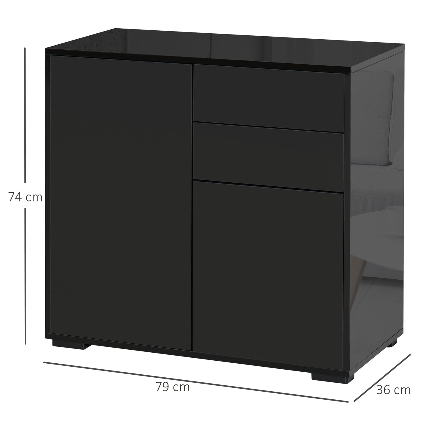 HOMCOM High Gloss Frame Sideboard, Push-Open Design with 2 Drawers for Living Room, Bedroom, 74H x 79W x 36Dcm, Black