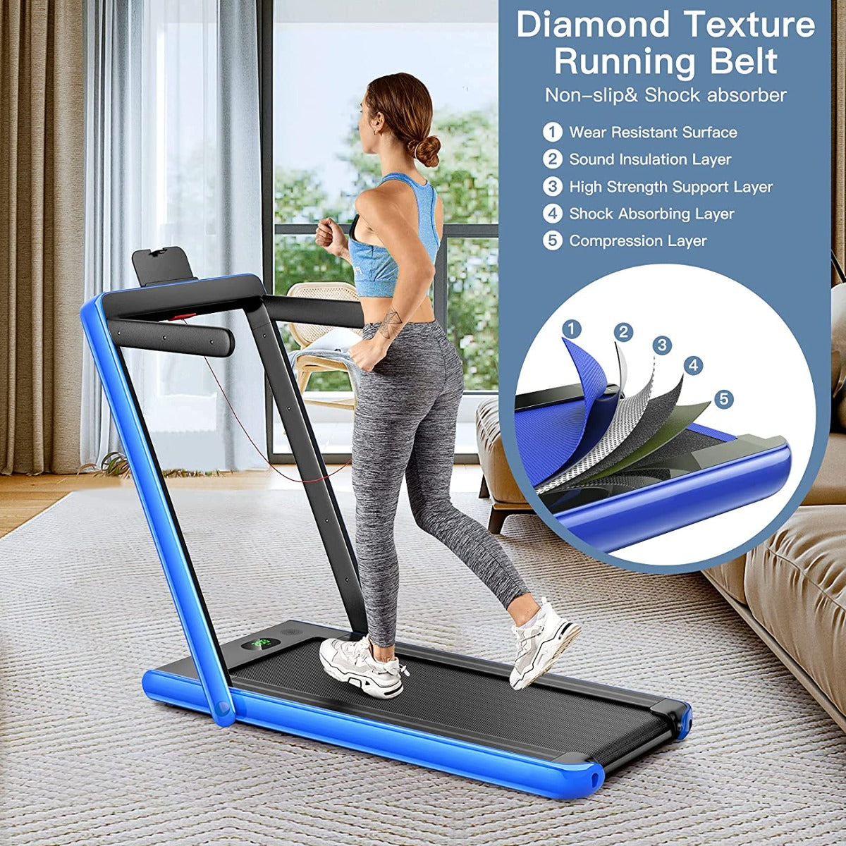 1-12Km/h Folding Bluetooth Electric Treadmill Motorized Portable Running Machine-Blue