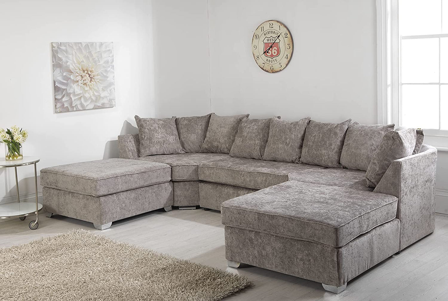 Alaska Truffle L or U Shaped Corner Sofa  Large Footstools  Chenille Fabric  Scatter back Grey