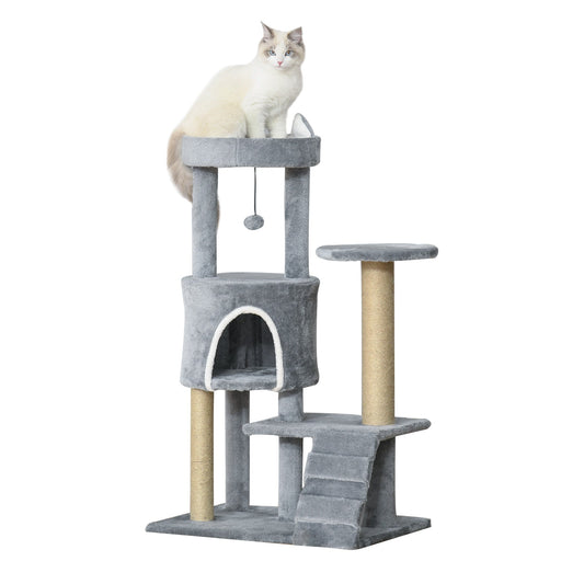 PawHut 100 cm Cat Tree, Cat Condo Tree Tower for Indoor Cats, Cat Activity Centre with Scratching Posts, Plush Perch, Ladder, Hanging Ball - Light Grey