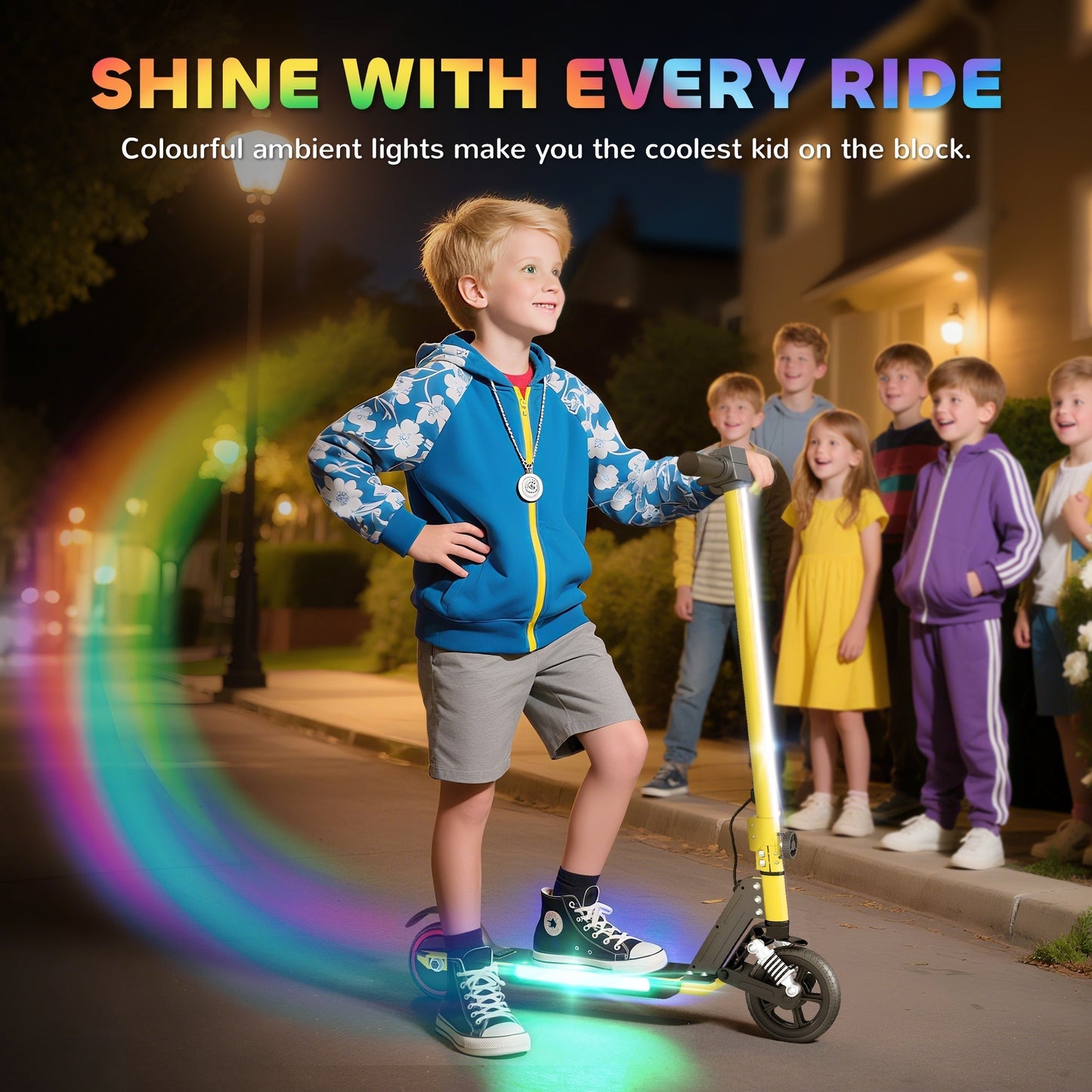 SPORTNOW Folding Electric Scooter for Kids, with Dual Brakes, Front Suspension, LED Colourful Lights, Gold Tone