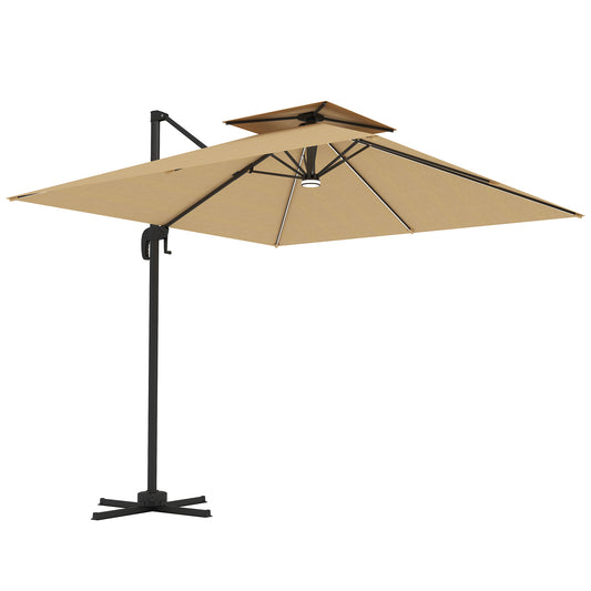 Outsunny 2,5 m parasol wspornikowy z lampami LED zasilanymi energią słoneczną, obrót 360√Ç¬∞, regulacja nachylenia, korba, khaki