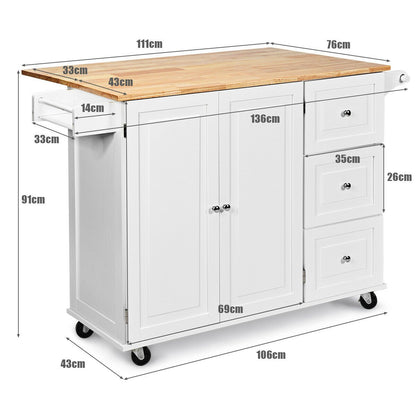 Kitchen Island Cart on Wheels with 3 Drawers and 2-door Cabinet-White